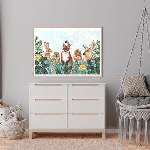 May include: A watercolor illustration of a fox, rabbit, squirrel, deer, and a bird in a lush green forest setting. The animals are all looking at the viewer, and the background is a soft blue sky.