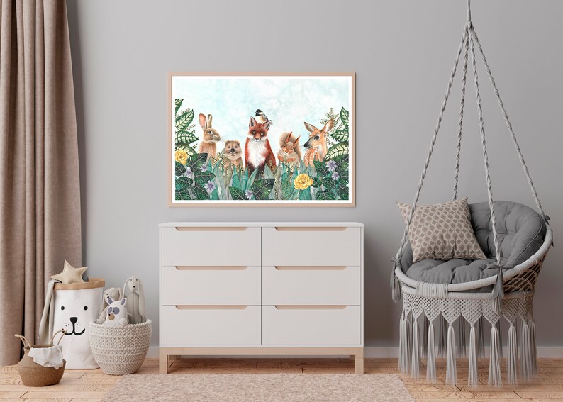 May include: A watercolor illustration of a fox, rabbit, squirrel, deer, and a bird in a lush green forest setting. The animals are all looking at the viewer, and the background is a soft blue sky.