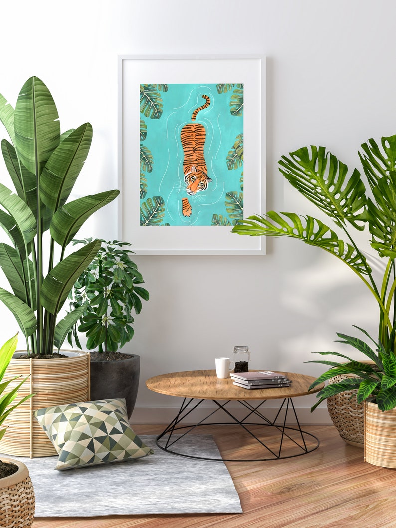 Tiger art print, Jungle illustration, Animal wall art, Safari animals, Tigers poster, Tropical wall decor, Jungle painting, Tiger swimming image 8