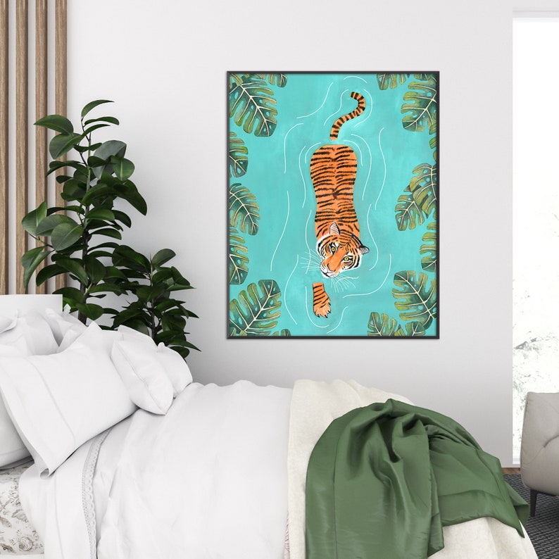 Tiger art print, Jungle illustration, Animal wall art, Safari animals, Tigers poster, Tropical wall decor, Jungle painting, Tiger swimming image 7