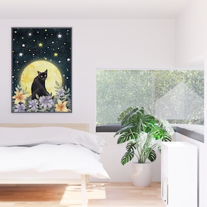 Black cat wall art, Mystic art print, Kitten illustration, Cat themed gifts, Magic painting, Pet portrait, Moon artwork, Fantasy prints image 8