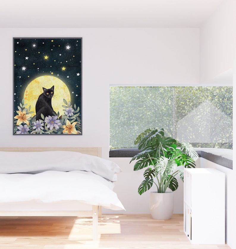 Black cat wall art, Mystic art print, Kitten illustration, Cat themed gifts, Magic painting, Pet portrait, Moon artwork, Fantasy prints image 8
