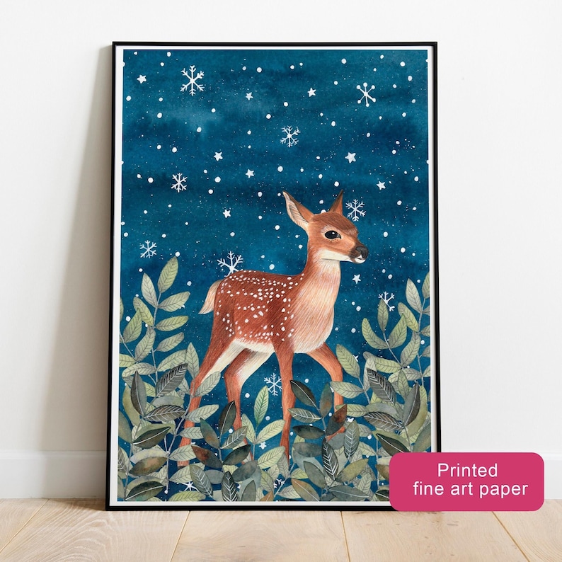 Deer Art Print: Woodland Painting, Winter Poster, Baby Nursery Decor image 1