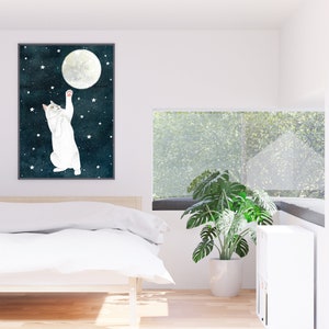 Cat and moon print, White cat painting, Kitten wall art, Animal illustration, Pet portrait, Moon artwork, Celestial wall decor, Kids poster image 9