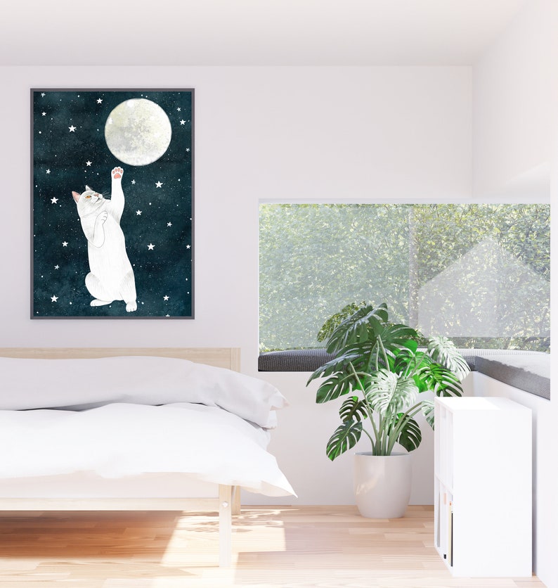 Cat and moon print, White cat painting, Kitten wall art, Animal illustration, Pet portrait, Moon artwork, Celestial wall decor, Kids poster image 9