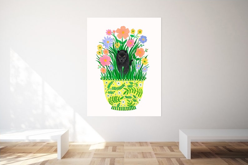 Panther art print, Floral wall decor, Jungle illustration, Animal artwork, Flower painting, Safari animals, Girls room decor, Nature poster image 3