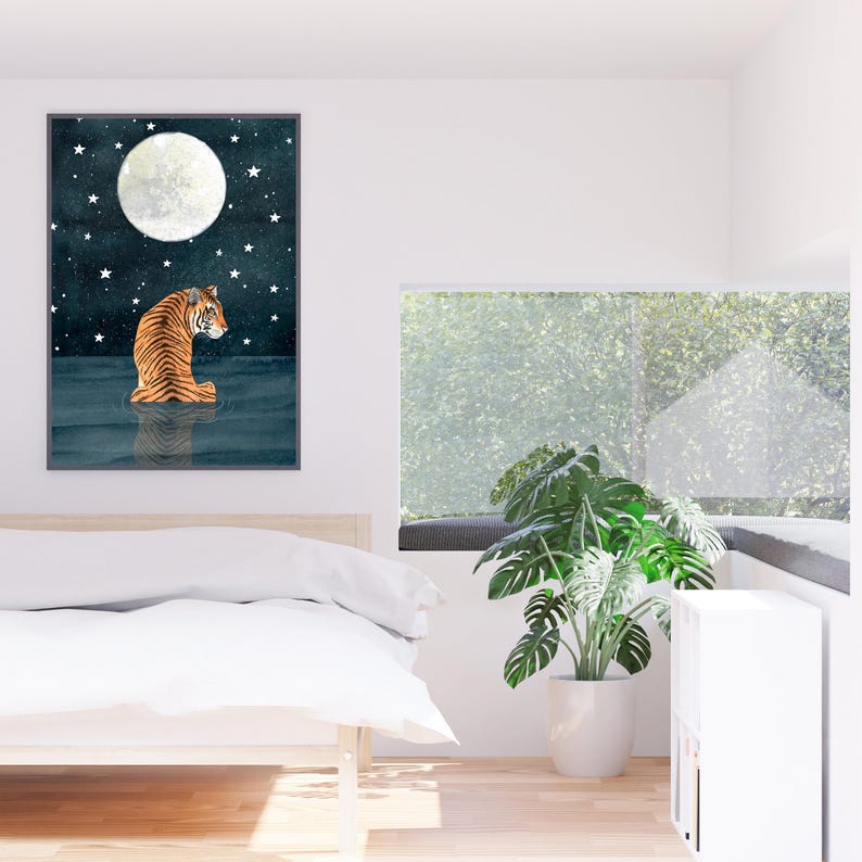Tijgerkunstdruk: schilderij hemelse jungle, maan kinderkamerdecoratie afbeelding 9