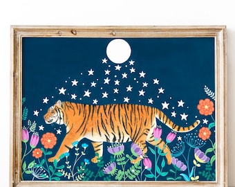 Tiger Art Print: Tropical Jungle Painting, Animal Illustration, Safari Animals