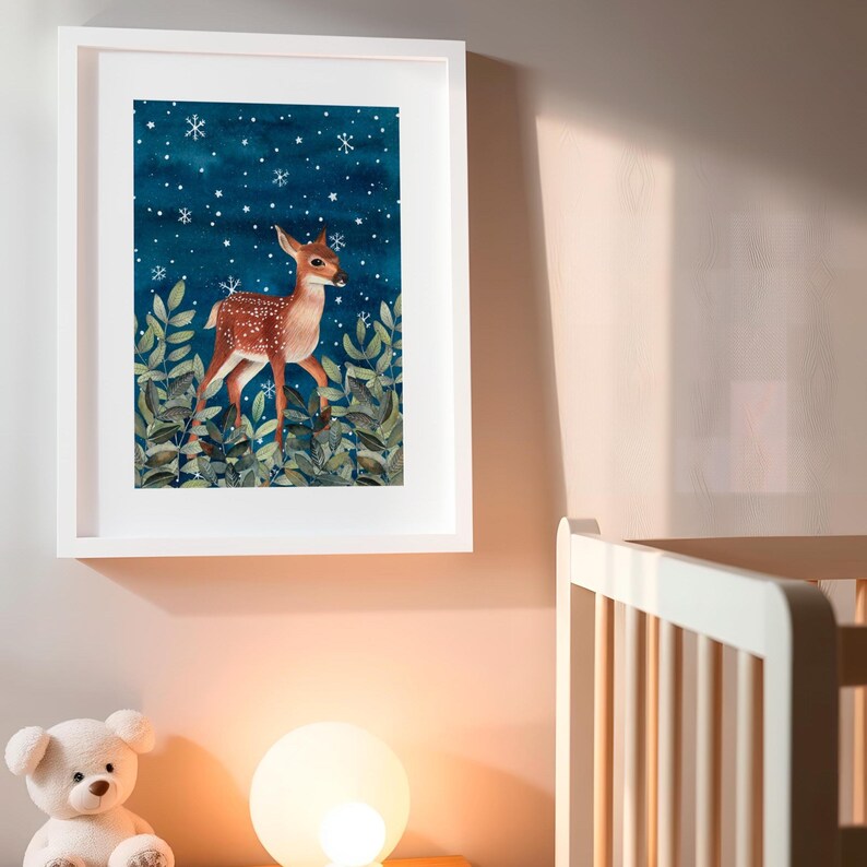 Deer Art Print: Woodland Painting, Winter Poster, Baby Nursery Decor image 5