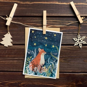 Christmas cards pack, 12 Greeting cards forest animals, starry sky painting, night animal artwork, Holiday card set, Illustrated cards image 5