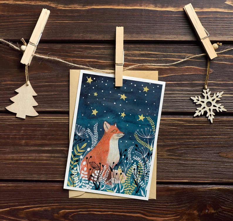 Christmas cards pack, 12 Greeting cards forest animals, starry sky painting, night animal artwork, Holiday card set, Illustrated cards image 5