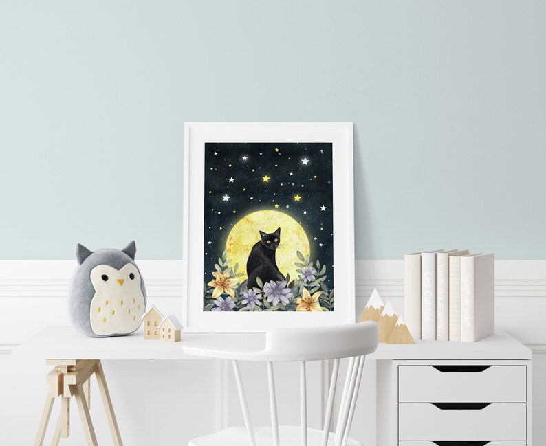 Black cat wall art, Mystic art print, Kitten illustration, Cat themed gifts, Magic painting, Pet portrait, Moon artwork, Fantasy prints image 6