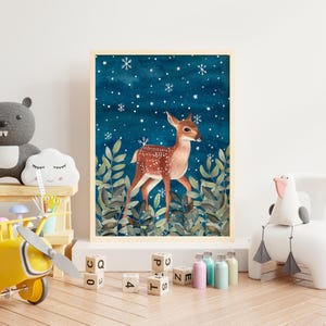 Deer Art Print: Woodland Painting, Winter Poster, Baby Nursery Decor image 3