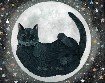 Black Cat Painting, Celestial Wall Art, Pet Portrait, Moon Artwork, Cat Lover Gifts