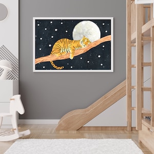 May include: A watercolor illustration of a tiger sleeping on a branch with a full moon and stars in the background. The tiger is orange and black with white stripes. The moon is white and the stars are yellow.