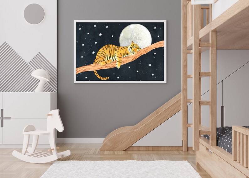 May include: A watercolor illustration of a tiger sleeping on a branch with a full moon and stars in the background. The tiger is orange and black with white stripes. The moon is white and the stars are yellow.