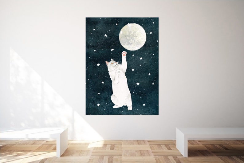 Cat and moon print, White cat painting, Kitten wall art, Animal illustration, Pet portrait, Moon artwork, Celestial wall decor, Kids poster image 4