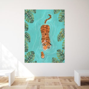 Tiger art print, Jungle illustration, Animal wall art, Safari animals, Tigers poster, Tropical wall decor, Jungle painting, Tiger swimming image 6