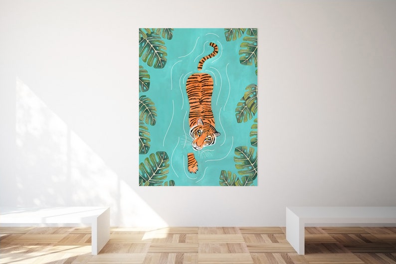 Tiger art print, Jungle illustration, Animal wall art, Safari animals, Tigers poster, Tropical wall decor, Jungle painting, Tiger swimming image 6