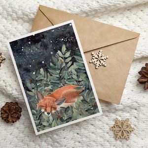 Christmas cards pack, 12 Greeting cards forest animals, starry sky painting, night animal artwork, Holiday card set, Illustrated cards image 6