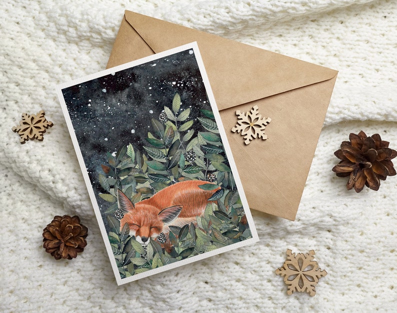 Christmas cards pack, 12 Greeting cards forest animals, starry sky painting, night animal artwork, Holiday card set, Illustrated cards image 6