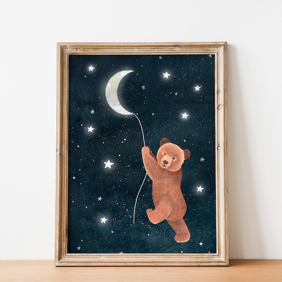 Teddy Bear Moon Print: Starry Night Nursery Art - Etsy
