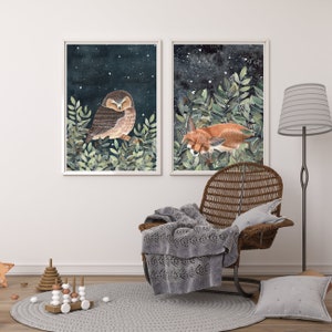 May include: Two framed illustrations of a sleeping owl and a sleeping fox in a forest setting with a starry night sky background.