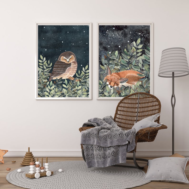May include: Two framed illustrations of a sleeping owl and a sleeping fox in a forest setting with a starry night sky background.