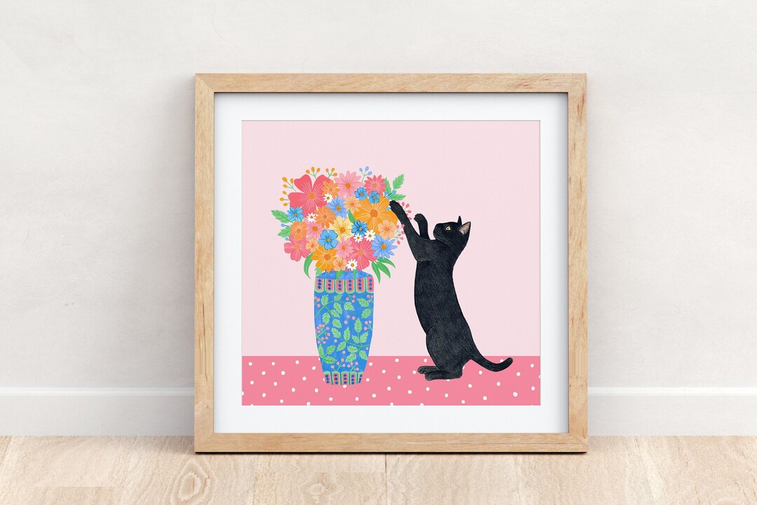 Cat Print Wall Art, Black Cat Painting, Cat Themed Gifts, Girl Room