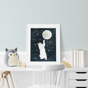 Cat and moon print, White cat painting, Kitten wall art, Animal illustration, Pet portrait, Moon artwork, Celestial wall decor, Kids poster image 5