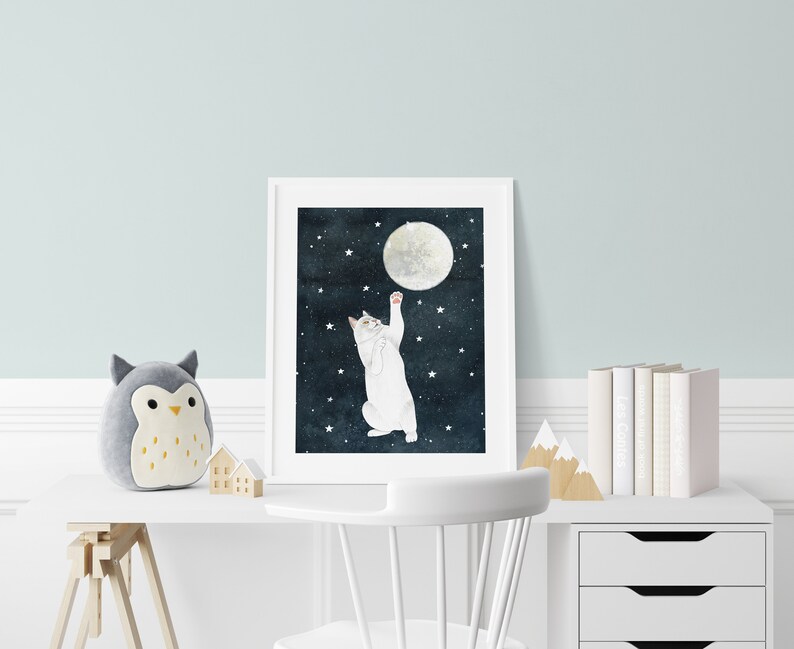 Cat and moon print, White cat painting, Kitten wall art, Animal illustration, Pet portrait, Moon artwork, Celestial wall decor, Kids poster image 5