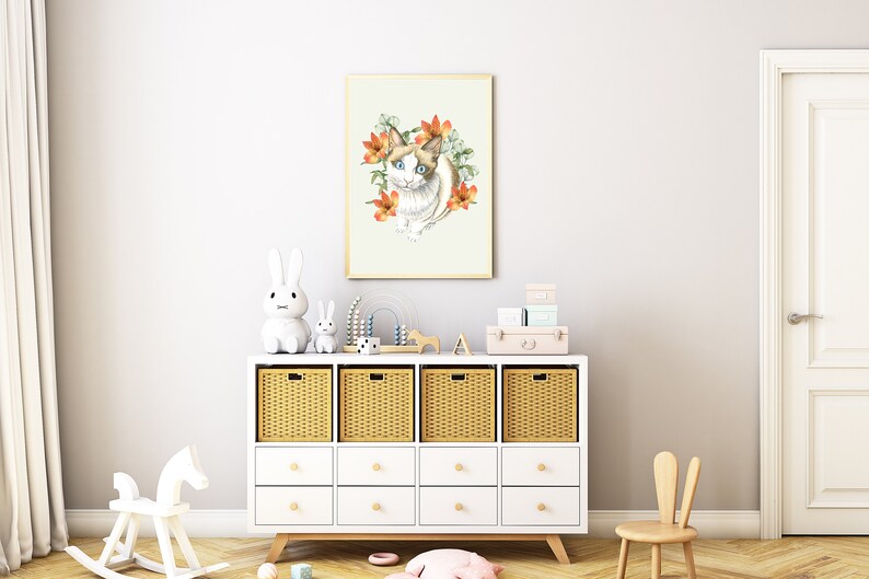 Geslachtsneutrale kinderkamer, schattige dierenposter voor kinderkamerinrichting, kattenkwekerijprint, kittenmuurkunst, kattenhandschildering, babydierenprints afbeelding 3