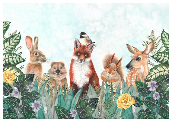 Forest animal wall art, Fox illustration, Deer poster, Squirrel painting, Woodland animals nursery decor, Wildlife artwork, Baby wall decor
