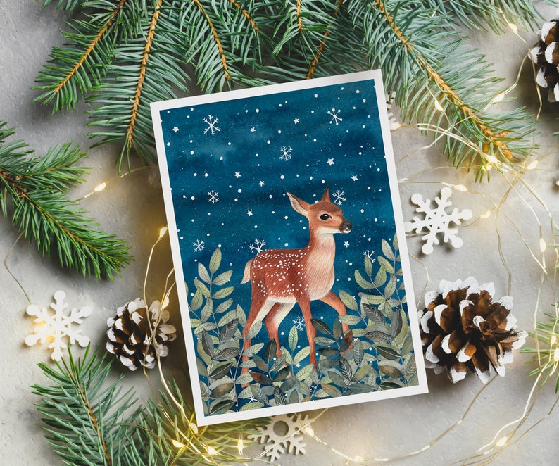 Christmas cards pack, 12 Greeting cards forest animals, starry sky painting, night animal artwork, Holiday card set, Illustrated cards image 3