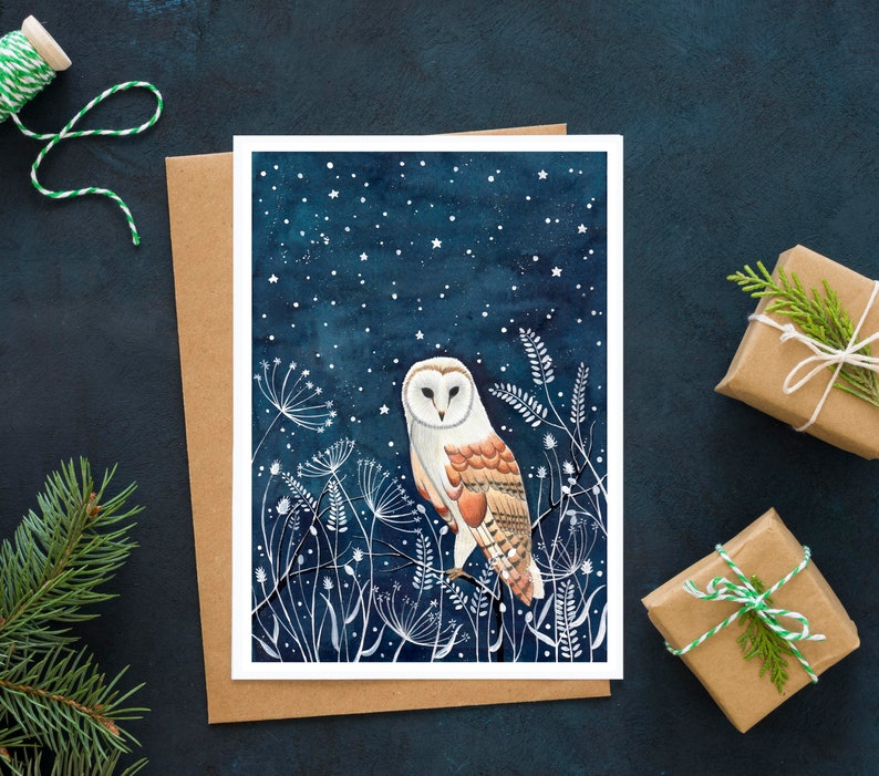 Christmas cards pack, 12 Greeting cards forest animals, starry sky painting, night animal artwork, Holiday card set, Illustrated cards image 4
