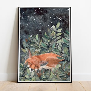 May include: A watercolor painting of a red fox sleeping in a bed of green leaves under a starry night sky.