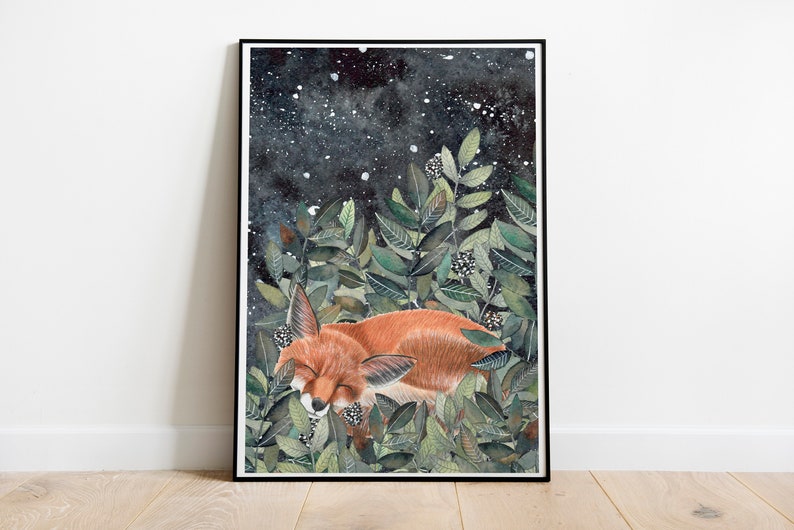 May include: A watercolor painting of a red fox sleeping in a bed of green leaves under a starry night sky.