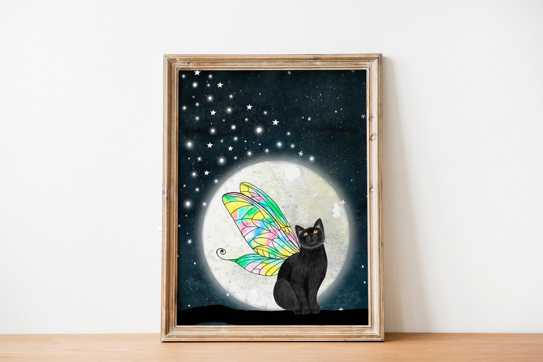 Fairy Cat Wall Art, Fantasy Art Print, Black Cat Painting, Kitten ...