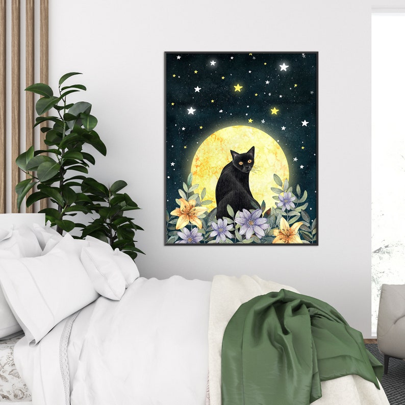 Black cat wall art, Mystic art print, Kitten illustration, Cat themed gifts, Magic painting, Pet portrait, Moon artwork, Fantasy prints image 3