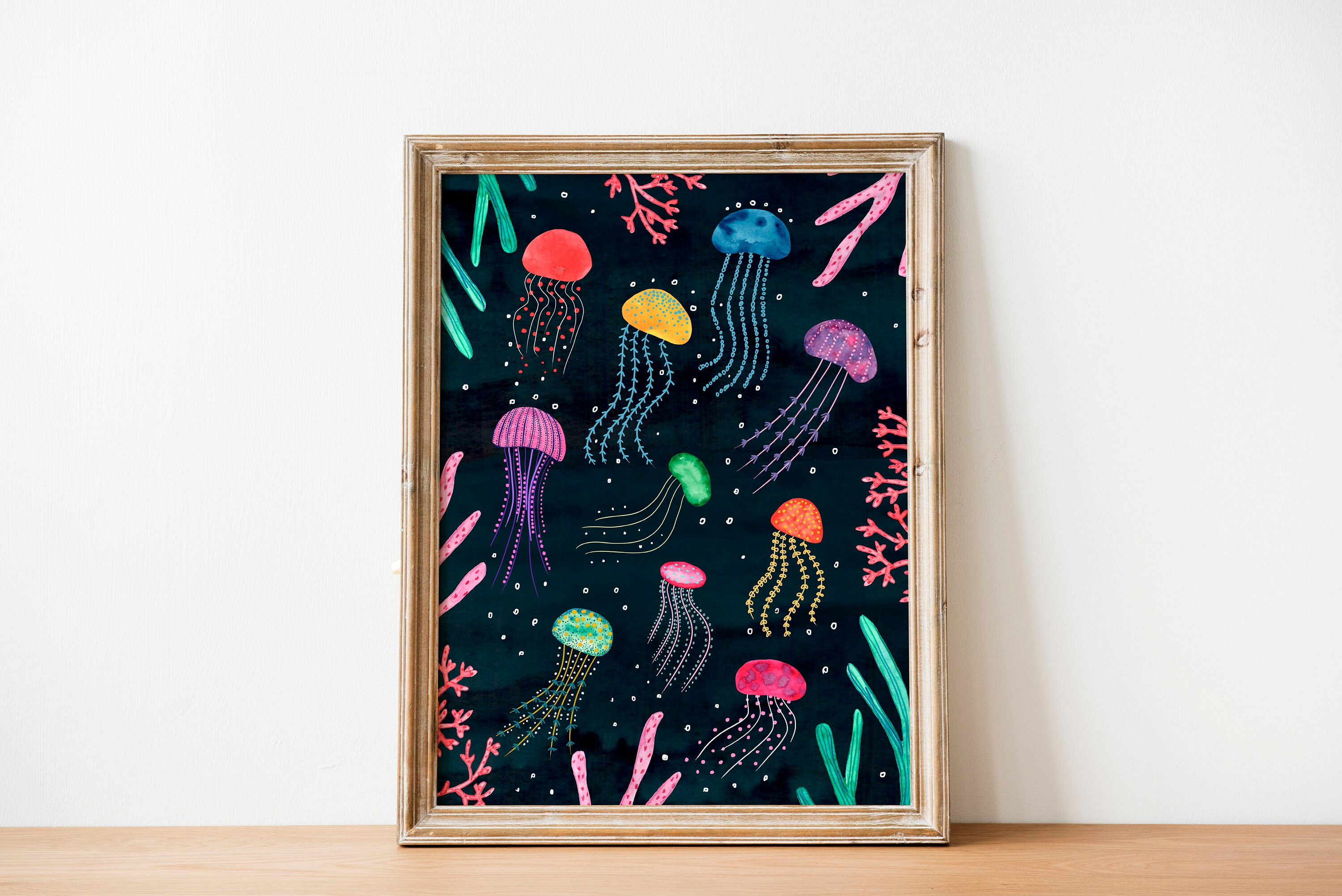 Jellyfish wall art, Marine life print, Sea animal painting, Coastal artwork, Beach home decor, Bathroom poster, Kids room art, Ocean prints