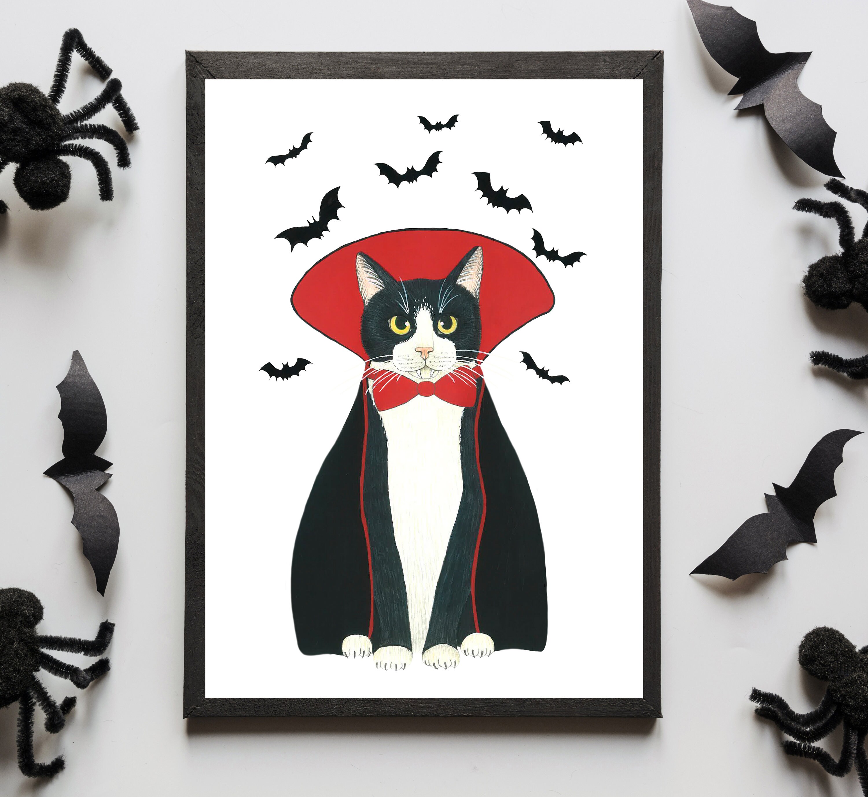吸血鬼タキシード猫のハロウィンプリント、猫とコウモリのアート