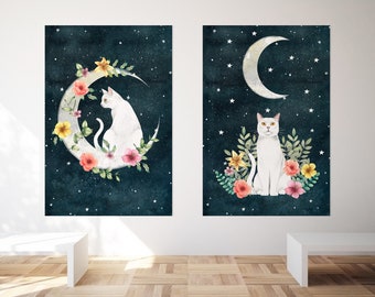 Katt- och månkonsttryck: Nyckfull kattungeillustration, set om 2