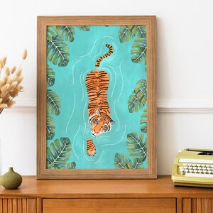 Tiger art print, Jungle illustration, Animal wall art, Safari animals, Tigers poster, Tropical wall decor, Jungle painting, Tiger swimming image 3