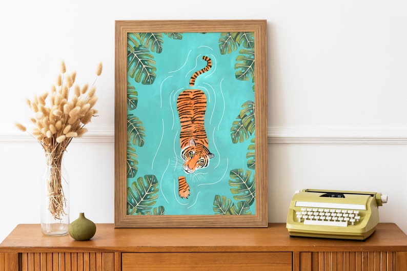 Tiger art print, Jungle illustration, Animal wall art, Safari animals, Tigers poster, Tropical wall decor, Jungle painting, Tiger swimming image 3