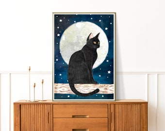 黒猫ポスター：子猫の壁アート、星空プリント、月のアートワーク