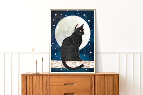 クリスタルピクチャー 「ネコマムシ」 黒猫 月 アート 壁掛け 143-088 黒猫ポスター：子猫の壁アート、星空プリント、月のアートワーク