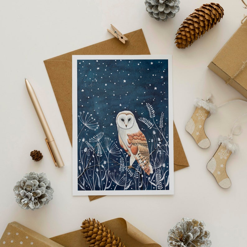 Christmas Card Pack, Set 12 holiday cards, Forest animals greeting cards, Winter illustration, Woodland art print, Fox artwork, Owl painting image 6