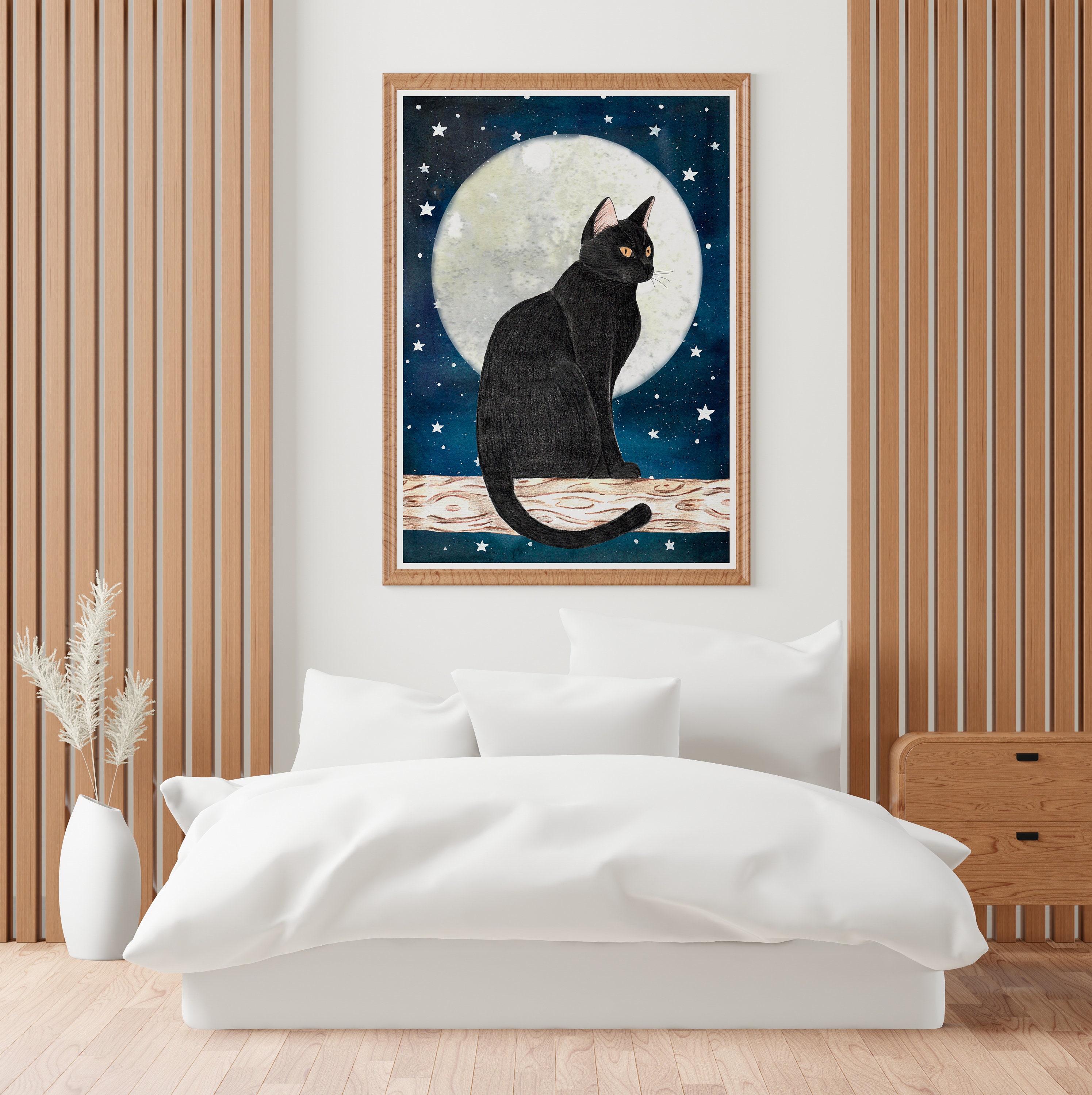黒猫ポスター：子猫の壁アート、星空プリント、月のアートワーク