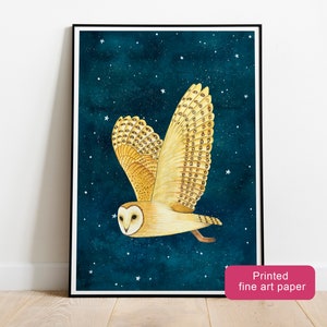 Schleiereule im Sternenhimmel, Nachteulenbild, nächtliche Vogelillustration, Nachthimmelmalerei, Waldtierdruck, Eulenplakat