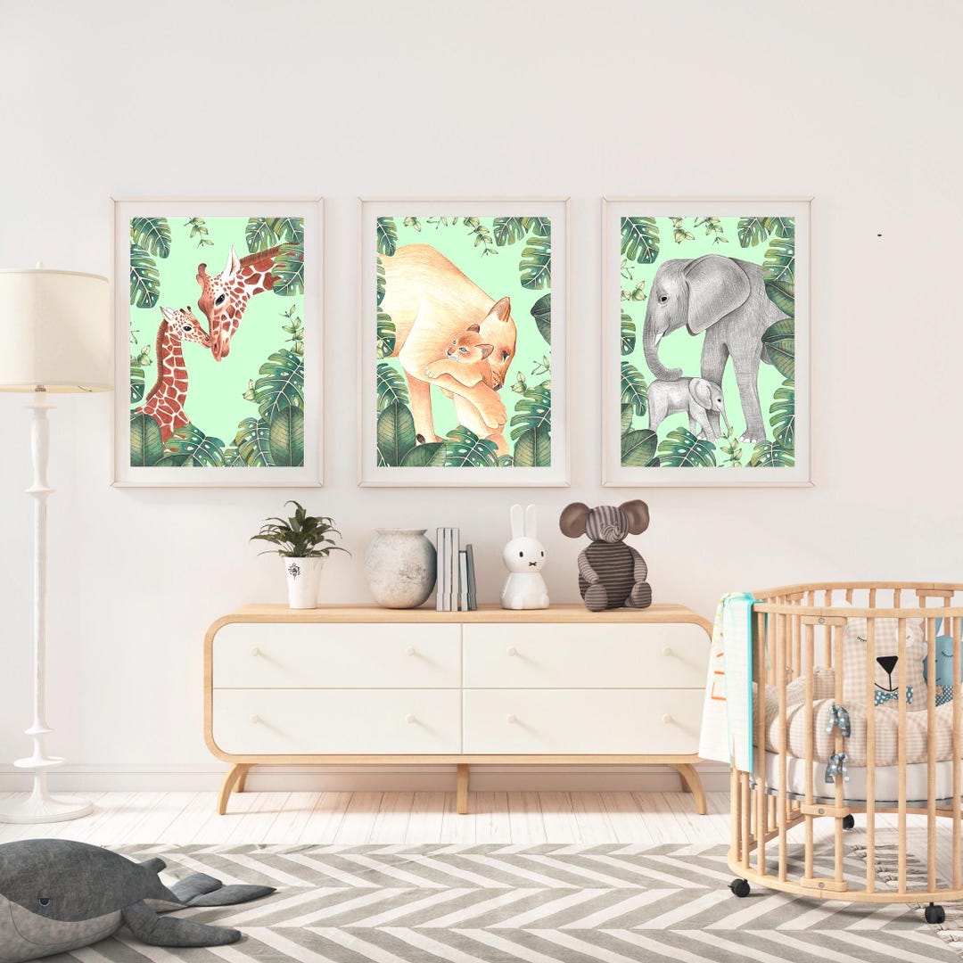 Safari Animal Nursery Prints: Lion, Giraffe, Elephant Wall Art (set of ...